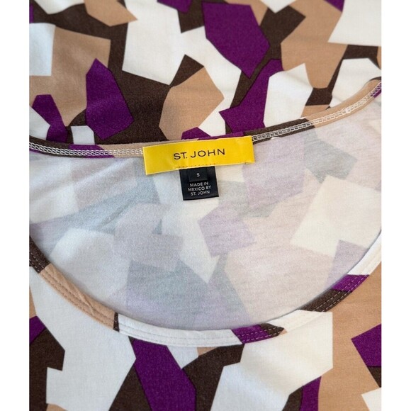 St John Womens Top Beige Abstract Short Sleeve Stretch Blouse Casual Size Small - Picture 3 of 11